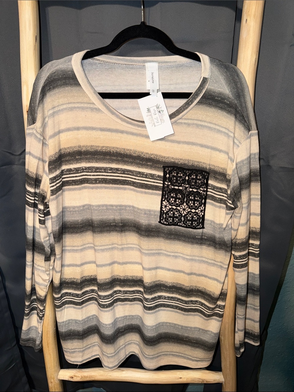 Honeyme Striped Crewneck Sweater with Black Lace Pocket - Cream & Gray